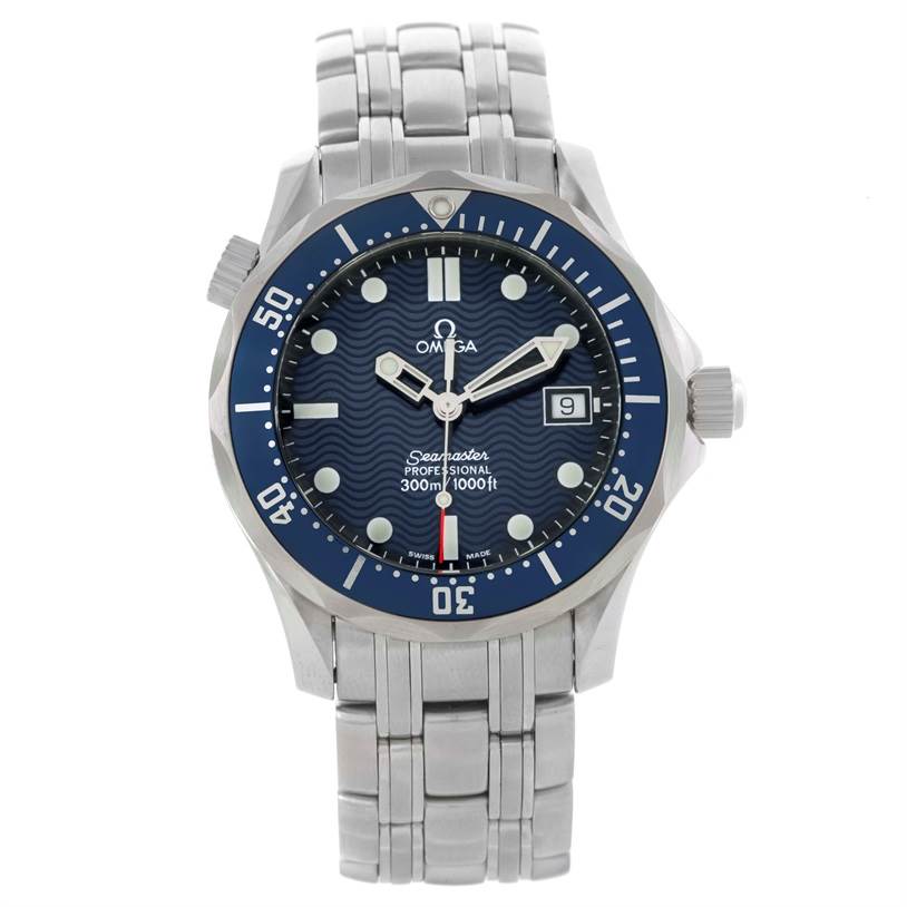The image shows a front view of an Omega Seamaster 2561.80.00 Men
s Stainless Steel Blue Dial 2561.80.00 Men
s Stainless Steel Blue Dial watch with its face, bezel, and metal bracelet visible.