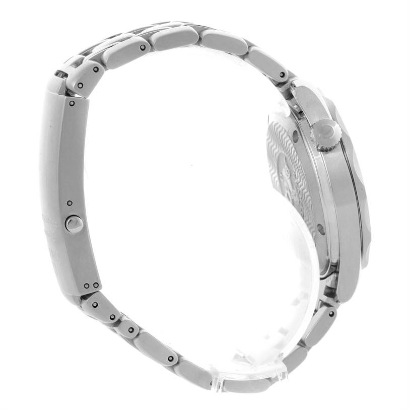 The image shows the side view of a Seamaster model watch by Omega, highlighting the case, crown, and metal bracelet.