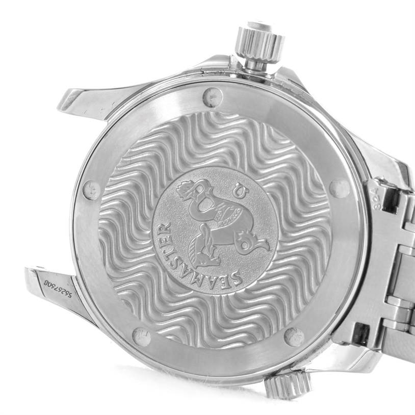 The image shows the case back and crown of an Omega Seamaster 2561.80.00 Men
s Stainless Steel Blue Dial 2561.80.00 Men
s Stainless Steel Blue Dial watch from a rear angle.