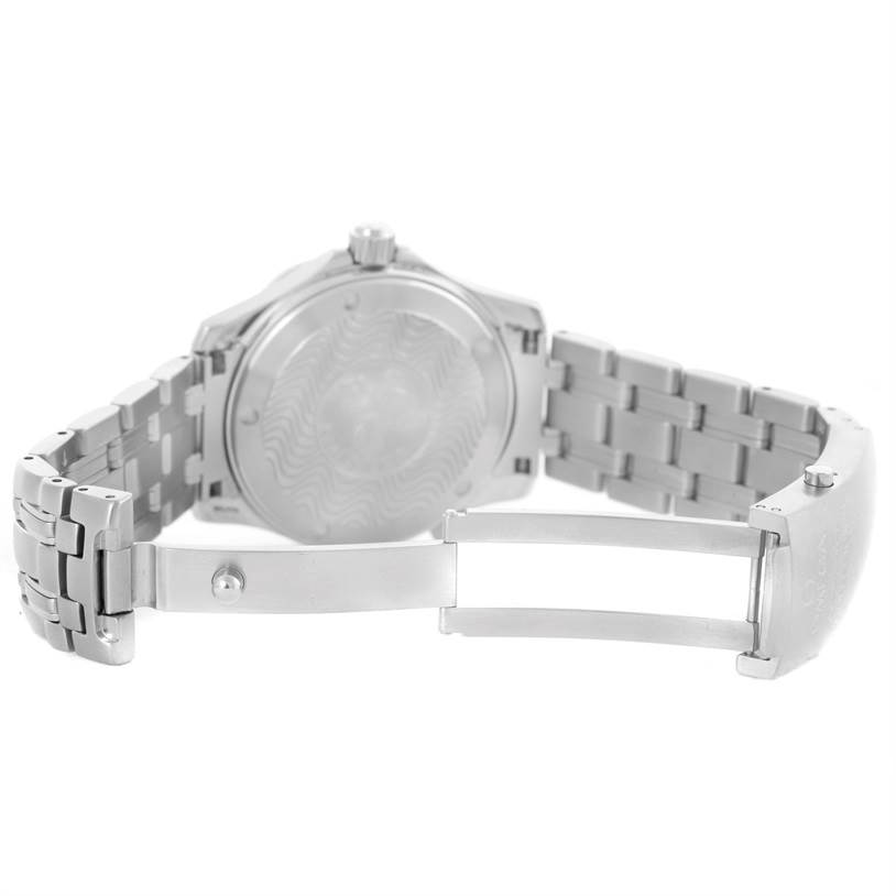 This image shows the back case and partially opened metal bracelet of an Omega Seamaster 2561.80.00 Men
s Stainless Steel Blue Dial 2561.80.00 Men
s Stainless Steel Blue Dial watch.