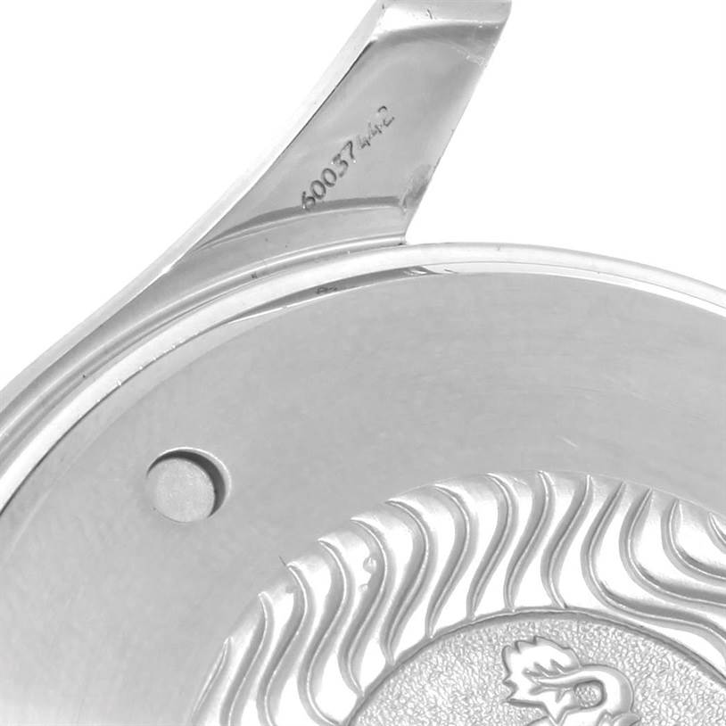 The image shows a close-up of the case back and lug of an Omega Seamaster 2598.80.00 Men
s Stainless Steel Blue Dial 2598.80.00 Men
s Stainless Steel Blue Dial watch, highlighting the serial number.