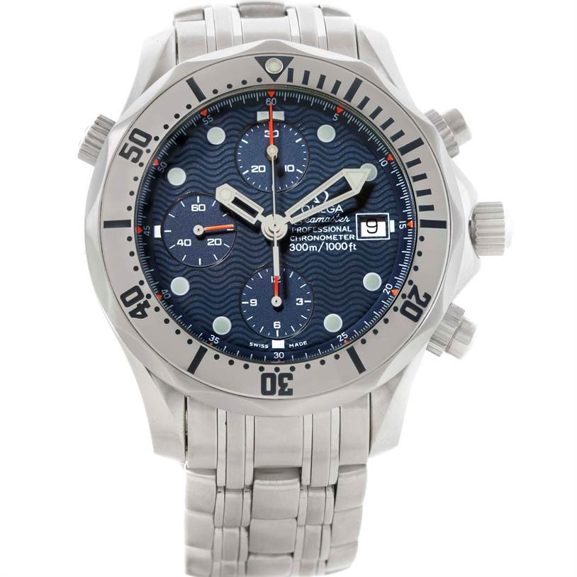 The image shows a front view of the Omega Seamaster 2598.80.00 Men
s Stainless Steel Blue Dial 2598.80.00 Men
s Stainless Steel Blue Dial watch, highlighting the face, bezel, and parts of the bracelet.