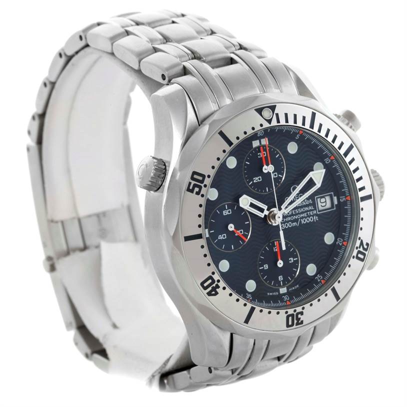 The image shows an angled view of an Omega Seamaster 2598.80.00 Men
s Stainless Steel Blue Dial 2598.80.00 Men
s Stainless Steel Blue Dial watch, displaying the face, bezel, and metal bracelet.