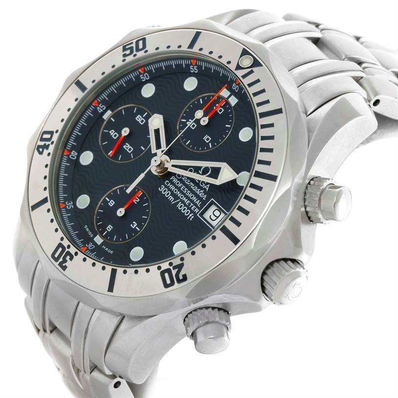 The Omega Seamaster 2598.80.00 Men
s Stainless Steel Blue Dial 2598.80.00 Men
s Stainless Steel Blue Dial watch is shown at an angle highlighting the dial, bezel, crown, pushers, and part of the bracelet.