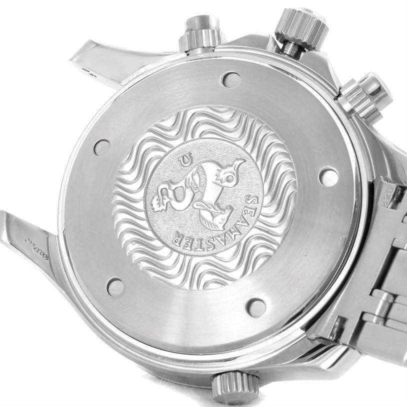 This image shows the back case and partial bracelet of an Omega Seamaster 2598.80.00 Men
s Stainless Steel Blue Dial 2598.80.00 Men
s Stainless Steel Blue Dial watch, highlighting the engraved design.