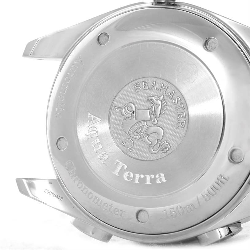 The image shows the case back of an Omega Seamaster 2513.30.00 Men
s Stainless Steel Silver Dial 2513.30.00 Men
s Stainless Steel Silver Dial Aqua Terra watch, highlighting its engravings and metal finish.