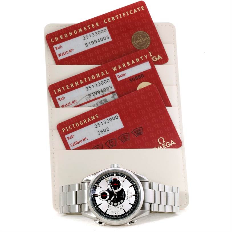 The image shows an Omega Seamaster 2513.30.00 Men
s Stainless Steel Silver Dial 2513.30.00 Men
s Stainless Steel Silver Dial watch along with its chronometer certificate, international warranty, and pictograms card.