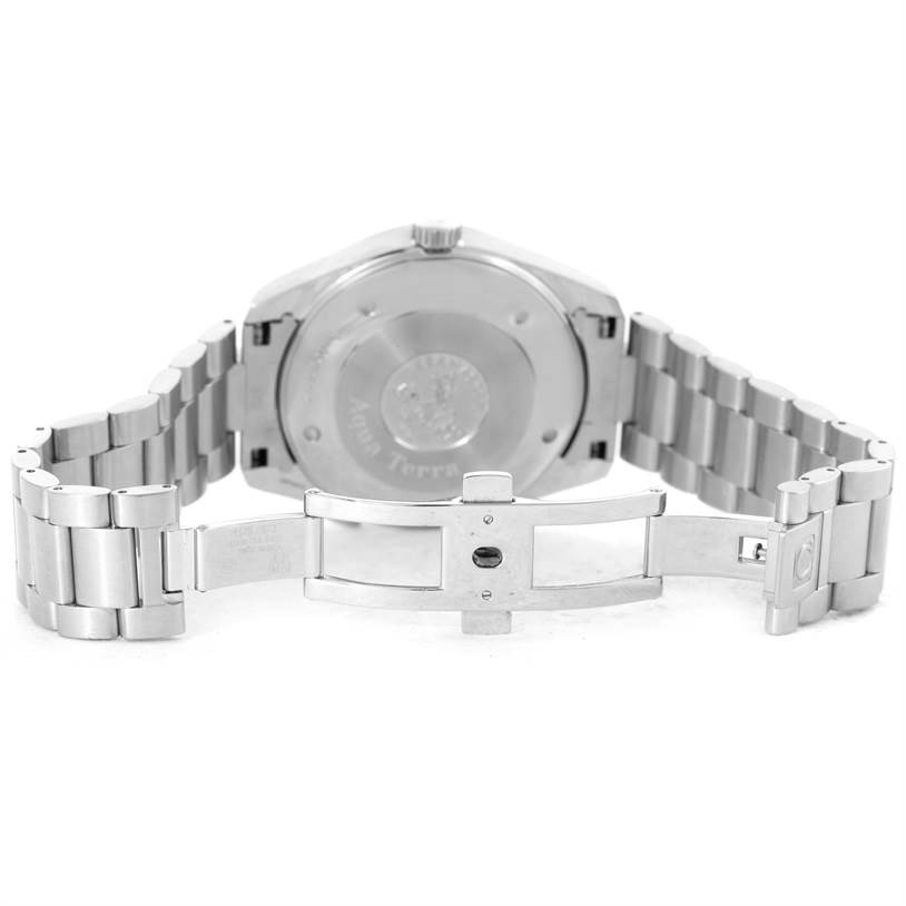 The image shows the open stainless steel bracelet and case back of an Omega Seamaster 2513.30.00 Men
s Stainless Steel Silver Dial 2513.30.00 Men
s Stainless Steel Silver Dial watch from a rear angle.