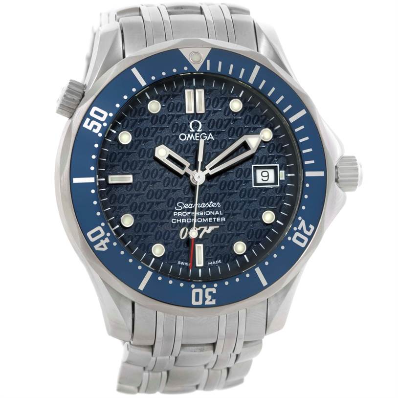 The image shows a front view of an Omega Seamaster 2537.80.00 Men
s Stainless Steel Blue Dial 2537.80.00 Men
s Stainless Steel Blue Dial watch, including its dial, bezel, and bracelet.