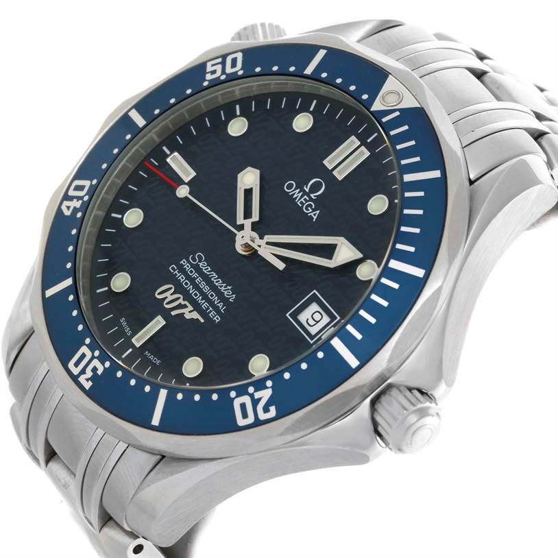 The Omega Seamaster 2537.80.00 Men
s Stainless Steel Blue Dial 2537.80.00 Men
s Stainless Steel Blue Dial watch is shown at an oblique angle, highlighting its face, bezel, and part of the wristband.