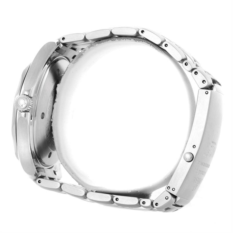 The image shows a side view of an Omega Seamaster 2537.80.00 Men
s Stainless Steel Blue Dial 2537.80.00 Men
s Stainless Steel Blue Dial watch, highlighting the stainless steel case, crown, and bracelet.