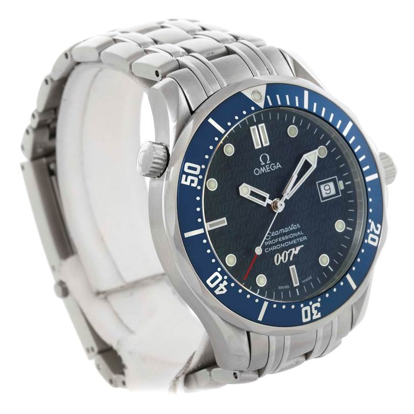 The Omega Seamaster 2537.80.00 Men
s Stainless Steel Blue Dial 2537.80.00 Men
s Stainless Steel Blue Dial watch is shown at a three-quarter angle, highlighting the face, bezel, crown, and metal bracelet.