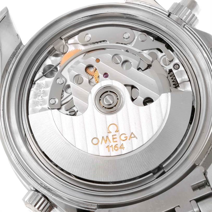 This image shows the mechanical movement of an Omega Seamaster 213.30.42.40.01.001 Men
s Stainless Steel Black Dial 213.30.42.40.01.001 Men
s Stainless Steel Black Dial watch from the back view.