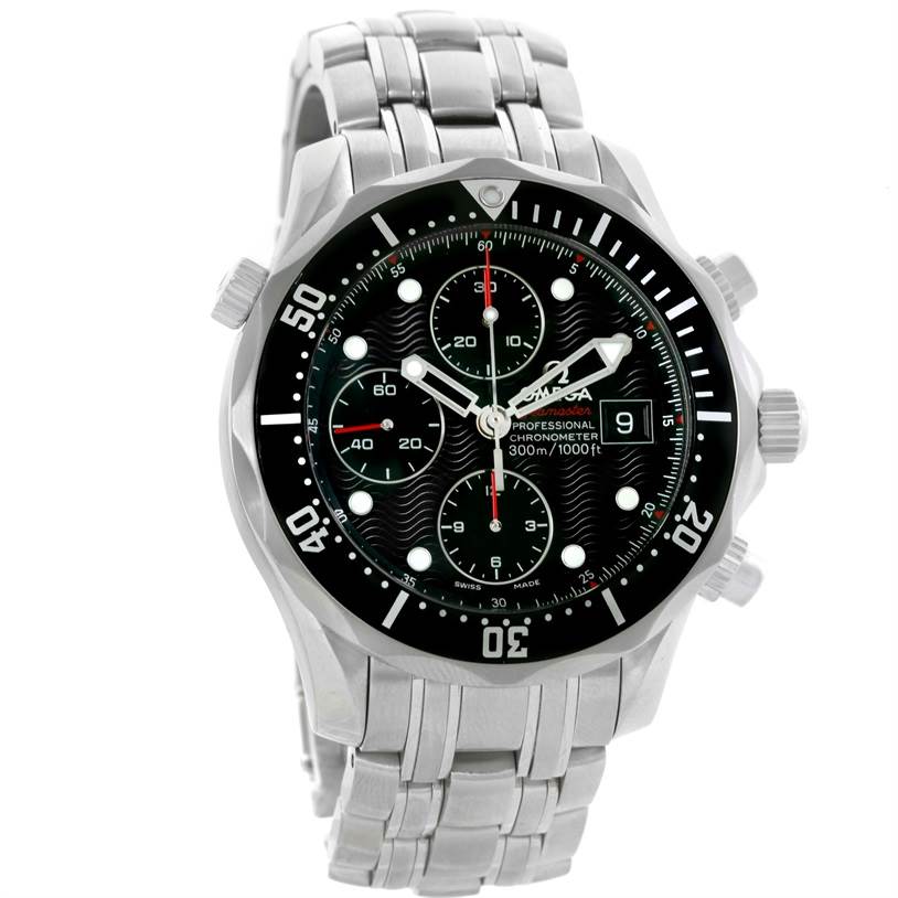 The image shows a front view of an Omega Seamaster 213.30.42.40.01.001 Men
s Stainless Steel Black Dial 213.30.42.40.01.001 Men
s Stainless Steel Black Dial watch, highlighting its dial, bezel, and bracelet.