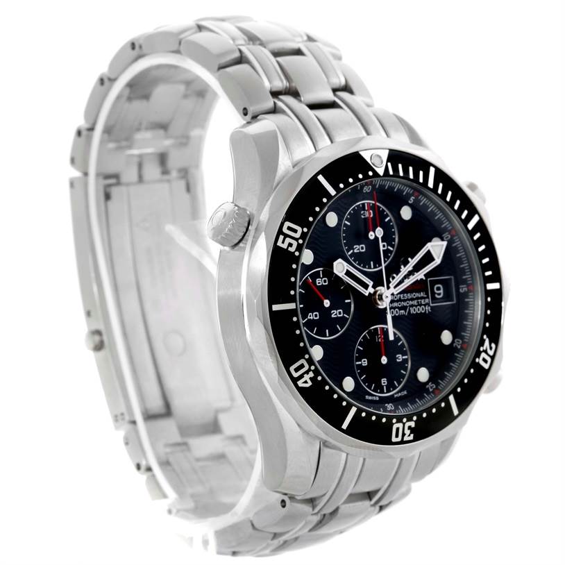 The Omega Seamaster 213.30.42.40.01.001 Men
s Stainless Steel Black Dial 213.30.42.40.01.001 Men
s Stainless Steel Black Dial watch is shown at an oblique angle highlighting the stainless steel bracelet, bezel, and chronograph dial.