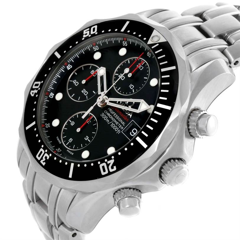 The image shows an angled view of the Omega Seamaster 213.30.42.40.01.001 Men
s Stainless Steel Black Dial 213.30.42.40.01.001 Men
s Stainless Steel Black Dial watch, displaying its dial, bezel, chrono dials, and crown.