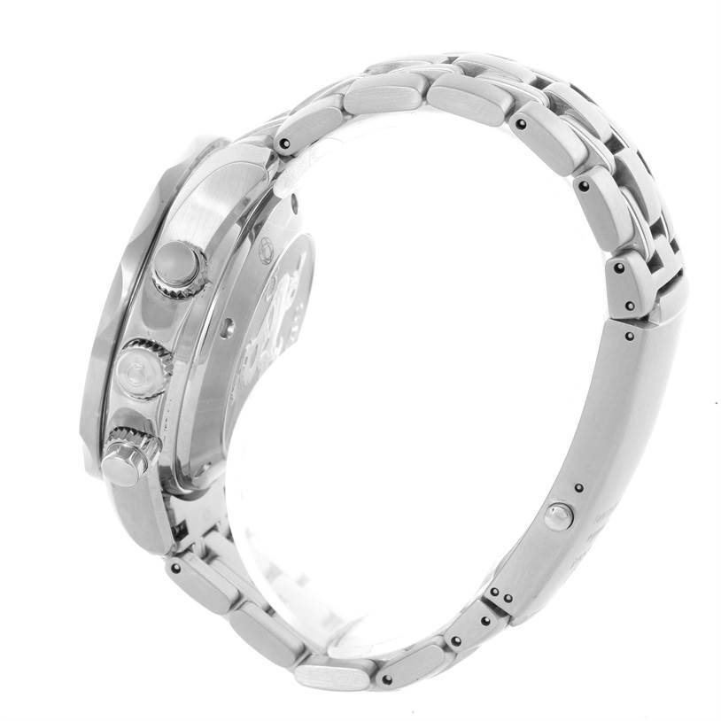 The Omega Seamaster 213.30.42.40.01.001 Men
s Stainless Steel Black Dial 213.30.42.40.01.001 Men
s Stainless Steel Black Dial watch is shown from a left-side angle, highlighting the crown, pushers, and a portion of the bracelet.