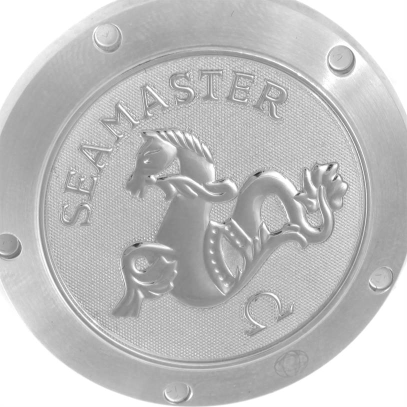 The image shows a close-up of the case back of an Omega Seamaster 213.30.42.40.01.001 Men
s Stainless Steel Black Dial 213.30.42.40.01.001 Men
s Stainless Steel Black Dial watch, featuring the seahorse emblem and branding.