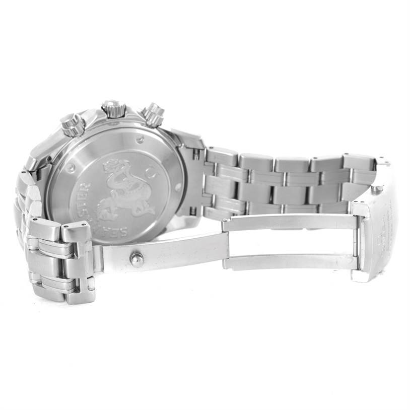 The image shows the backside and open clasp of an Omega Seamaster 213.30.42.40.01.001 Men
s Stainless Steel Black Dial 213.30.42.40.01.001 Men
s Stainless Steel Black Dial watch, highlighting its stainless steel bracelet and case back.