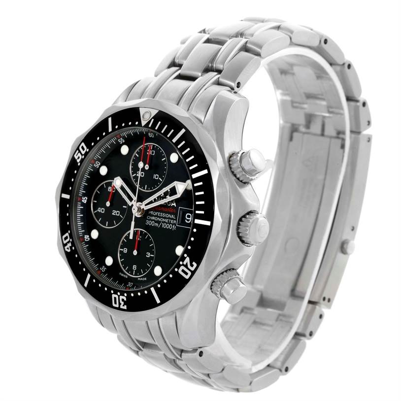 The image shows an Omega Seamaster 213.30.42.40.01.001 Men
s Stainless Steel Black Dial 213.30.42.40.01.001 Men
s Stainless Steel Black Dial watch at a slightly elevated angle, highlighting the dial and stainless steel bracelet.