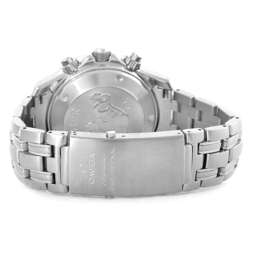 The image shows the Omega Seamaster 213.30.42.40.01.001 Men
s Stainless Steel Black Dial 213.30.42.40.01.001 Men
s Stainless Steel Black Dial
s clasp and case back from a rear angle.