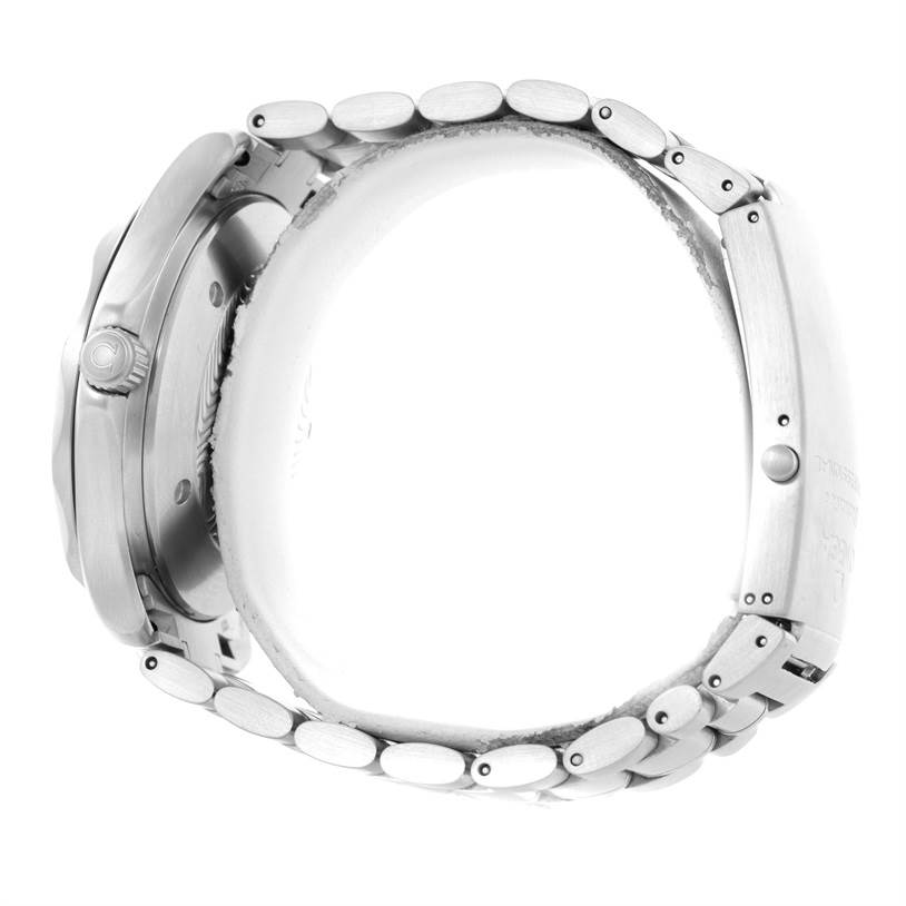 The image shows the side view of an Omega Seamaster 2538.20.00 Men's Stainless Steel White Dial 2538.20.00 Men's Stainless Steel White Dial watch, including the crown, case, and bracelet.