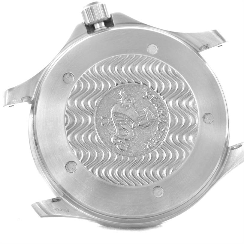 The image shows the case back of an Omega Seamaster 2538.20.00 Men's Stainless Steel White Dial 2538.20.00 Men's Stainless Steel White Dial watch, highlighting its engraved design.