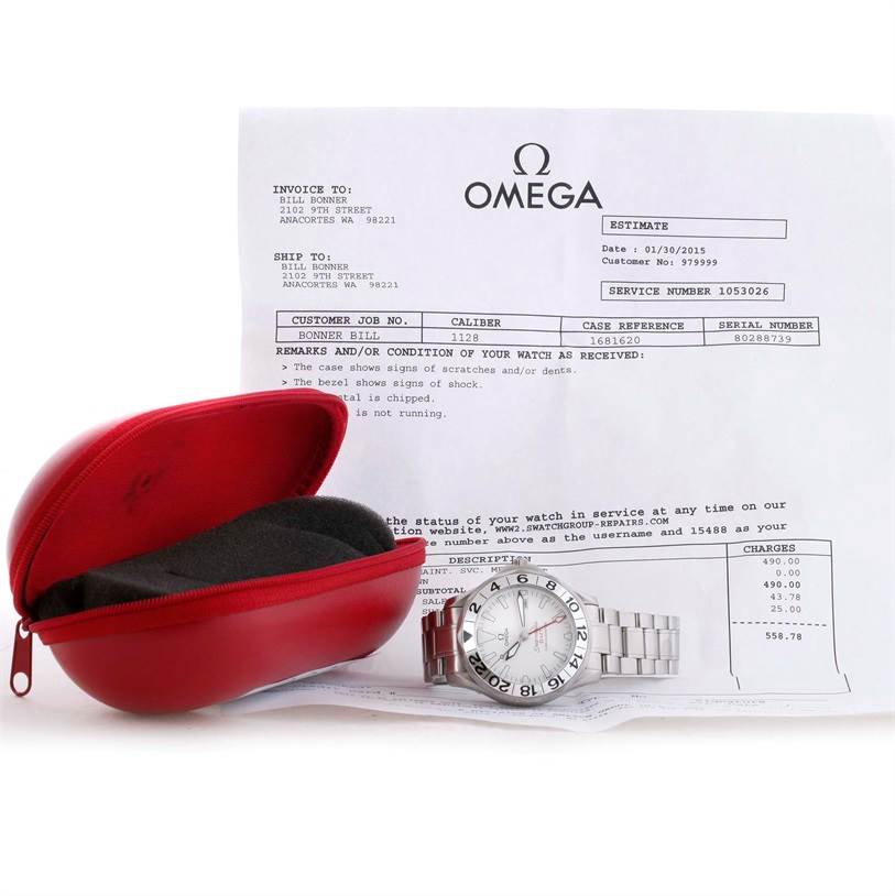The image shows an Omega Seamaster 2538.20.00 Men's Stainless Steel White Dial 2538.20.00 Men's Stainless Steel White Dial watch, a red zipper case, and a repair invoice at a slight angle.