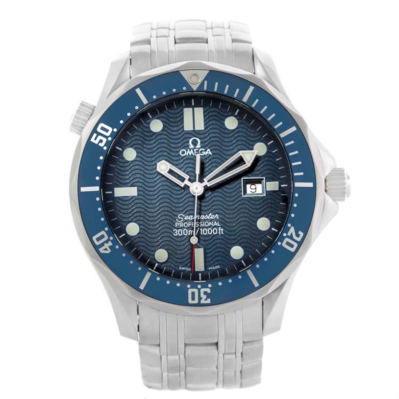 This image shows a front view of the Omega Seamaster 2541.80.00 Men
s Stainless Steel Blue Dial 2541.80.00 Men
s Stainless Steel Blue Dial watch, highlighting its face, bezel, and bracelet.