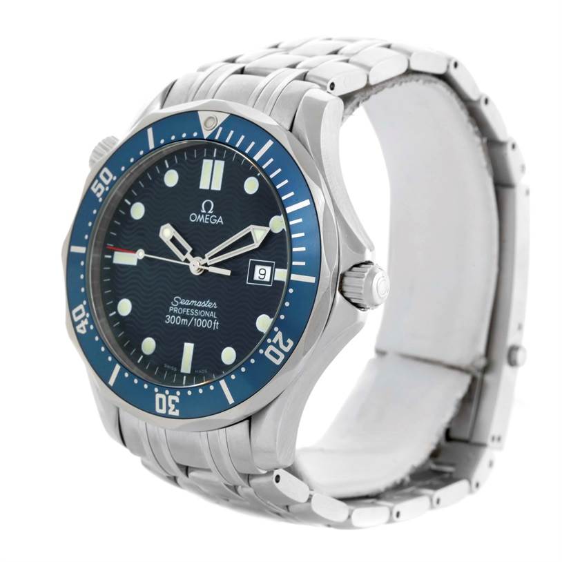 The image shows an Omega Seamaster 2541.80.00 Men
s Stainless Steel Blue Dial 2541.80.00 Men
s Stainless Steel Blue Dial watch at an angled front-left view, highlighting the dial, bezel, crown, and metal bracelet.