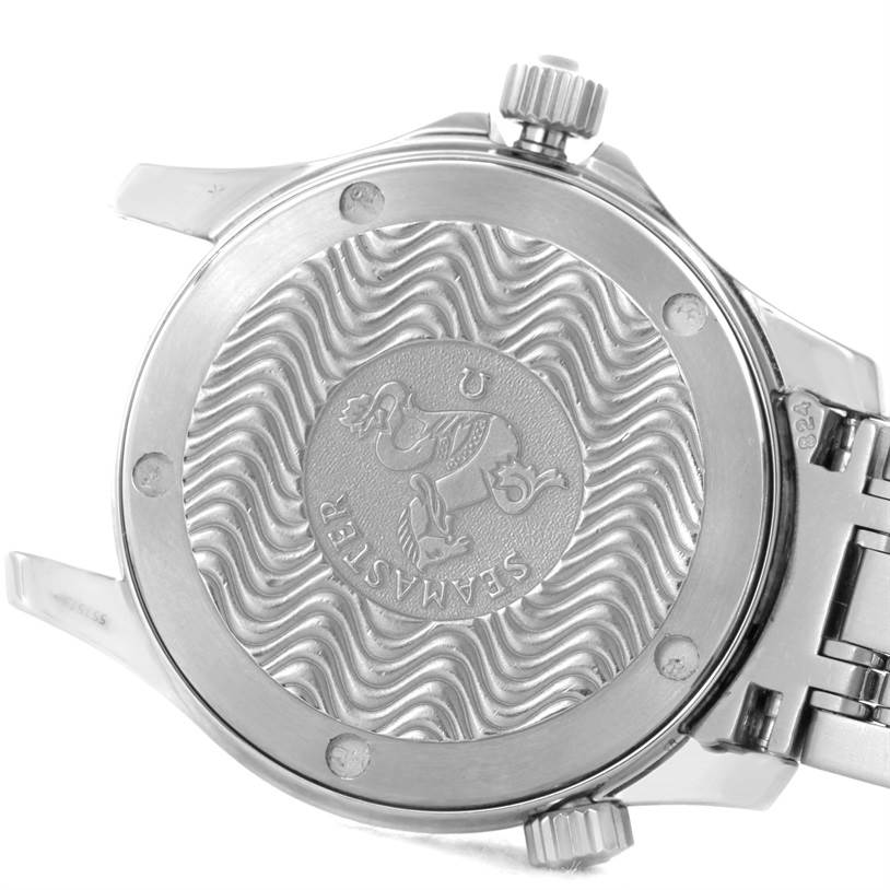 This image shows the case back and crown of an Omega Seamaster 2561.80.00 Men
s Stainless Steel Blue Dial 2561.80.00 Men
s Stainless Steel Blue Dial watch from a slightly angled view.