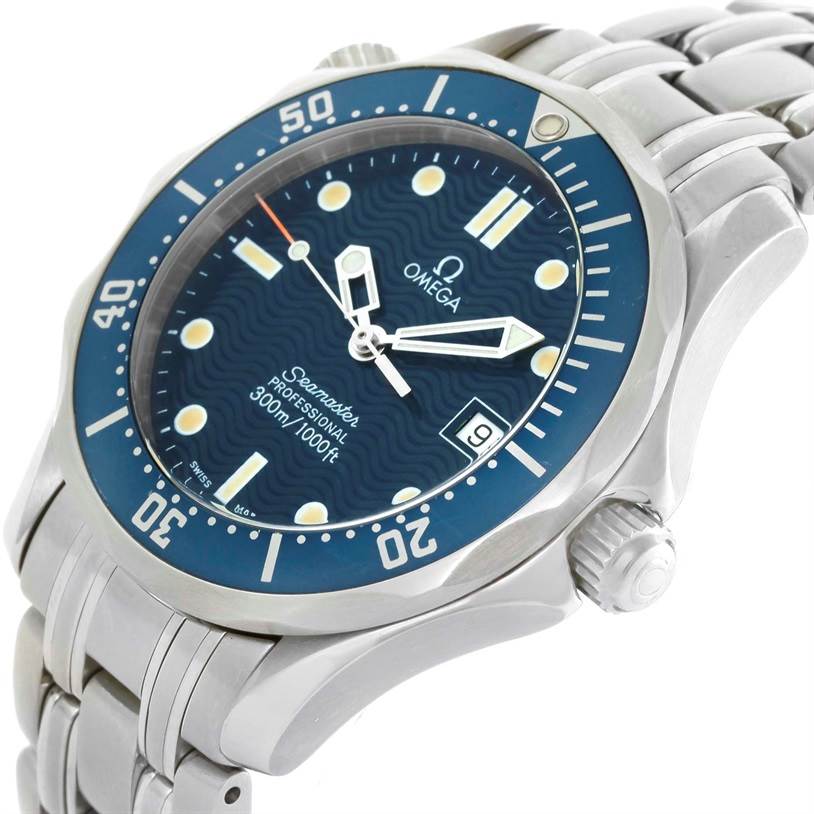 This Omega Seamaster 2561.80.00 Men
s Stainless Steel Blue Dial 2561.80.00 Men
s Stainless Steel Blue Dial watch is shown at a slight angle, highlighting the dial, bezel, crown, and part of the bracelet.