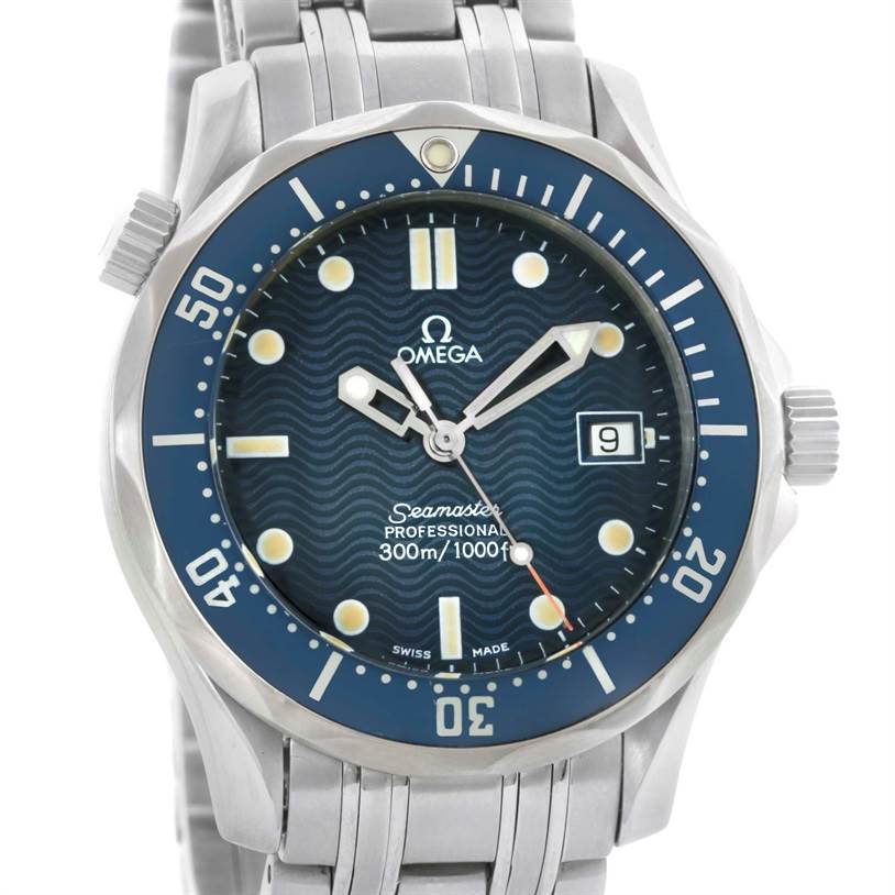 The Omega Seamaster 2561.80.00 Men
s Stainless Steel Blue Dial 2561.80.00 Men
s Stainless Steel Blue Dial watch is shown from a front angle, displaying the dial, bezel, hands, date window, and part of the bracelet.