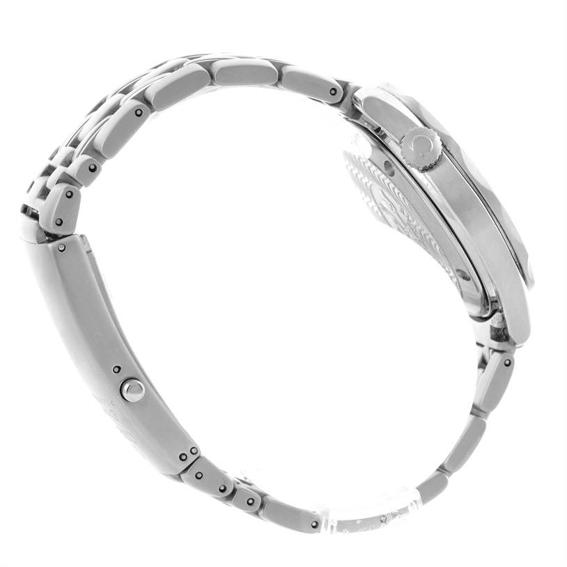 The image shows a side profile of an Omega Seamaster 2561.80.00 Men
s Stainless Steel Blue Dial 2561.80.00 Men
s Stainless Steel Blue Dial watch, highlighting the bracelet and the side of the case with its crown.