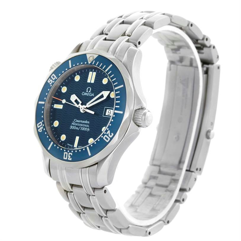This Omega Seamaster 2561.80.00 Men
s Stainless Steel Blue Dial 2561.80.00 Men
s Stainless Steel Blue Dial watch is shown from a side angle, displaying the face, bezel, crown, and bracelet.