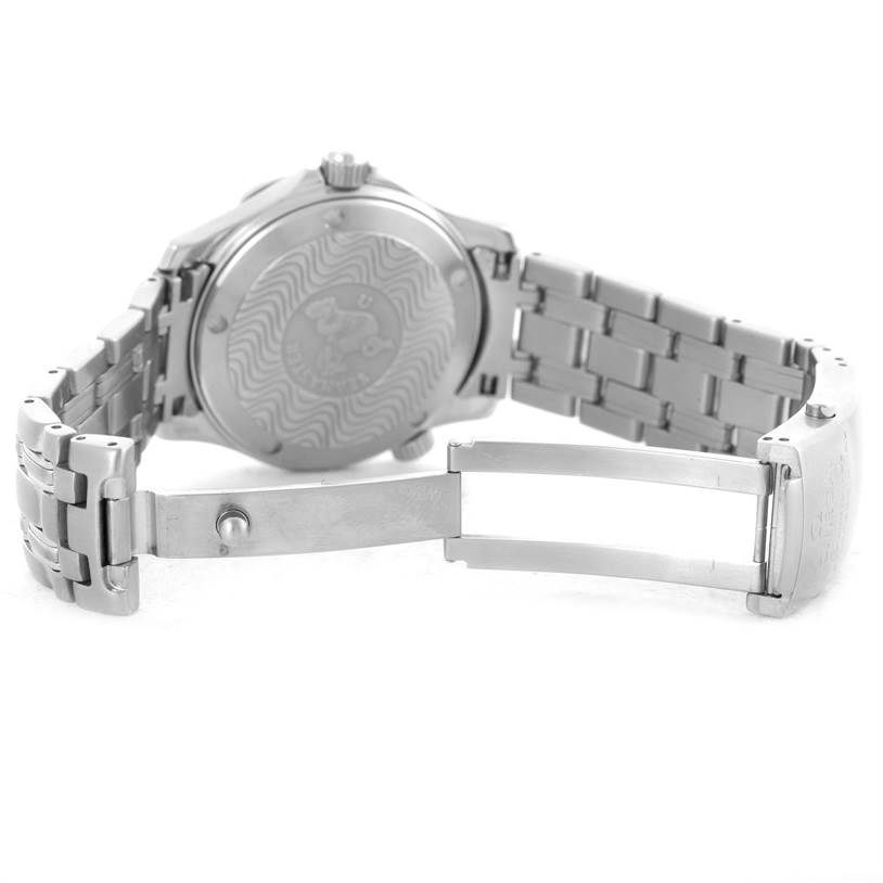 The image shows an Omega Seamaster 2561.80.00 Men
s Stainless Steel Blue Dial 2561.80.00 Men
s Stainless Steel Blue Dial watch from the back angle with its bracelet and clasp partially open.