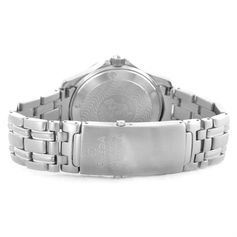 The image shows the clasp and caseback of an Omega Seamaster 2561.80.00 Men
s Stainless Steel Blue Dial 2561.80.00 Men
s Stainless Steel Blue Dial watch, viewed from the back.