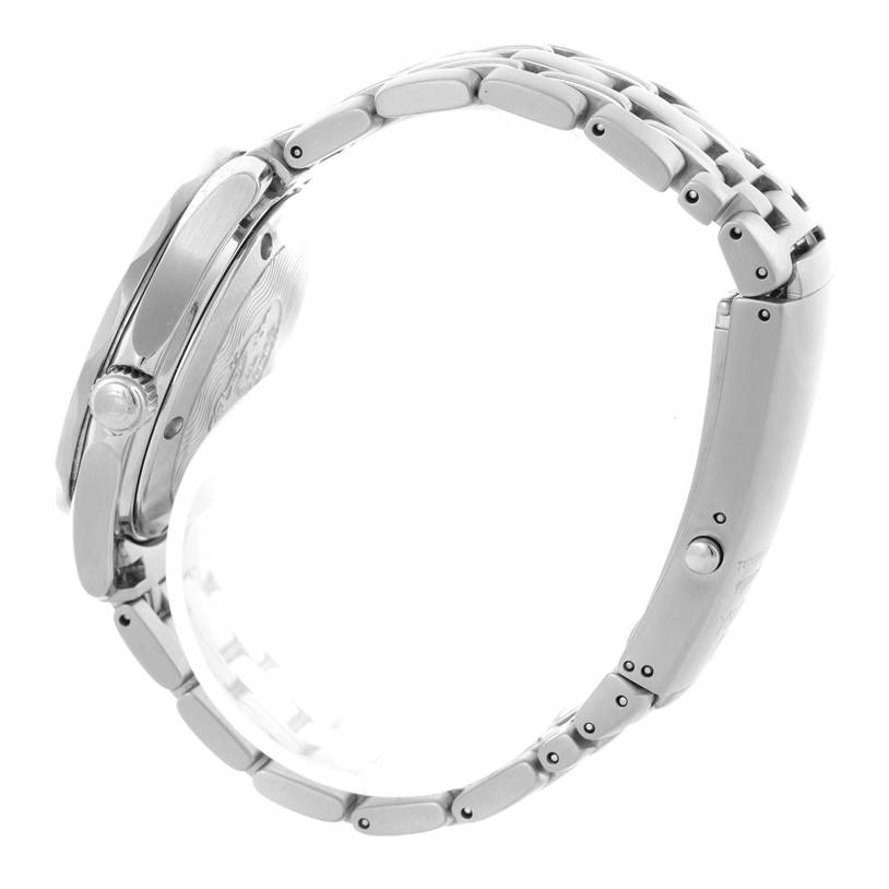 The image shows a side view of an Omega Seamaster 2561.80.00 Men
s Stainless Steel Blue Dial 2561.80.00 Men
s Stainless Steel Blue Dial watch, highlighting the bracelet and crown.