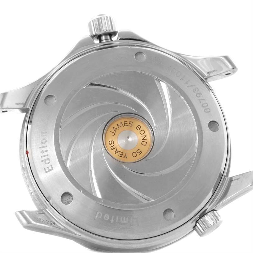 The image shows the back case of the Omega Seamaster 212.30.41.20.01.005 Men
s Stainless Steel Black Dial 212.30.41.20.01.005 Men
s Stainless Steel Black Dial watch, featuring a commemorative "James Bond 50 Years" inscription.