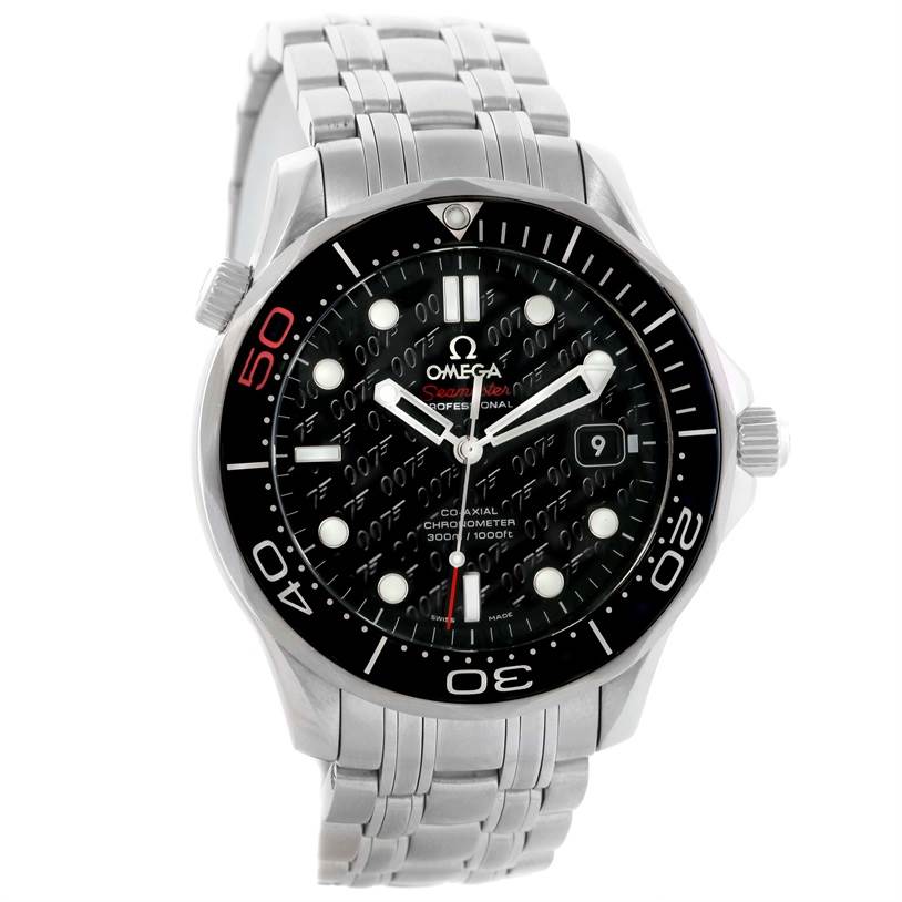 The image shows a front angle view of an Omega Seamaster 212.30.41.20.01.005 Men
s Stainless Steel Black Dial 212.30.41.20.01.005 Men
s Stainless Steel Black Dial watch, highlighting its face, bezel, crown, and metal bracelet.