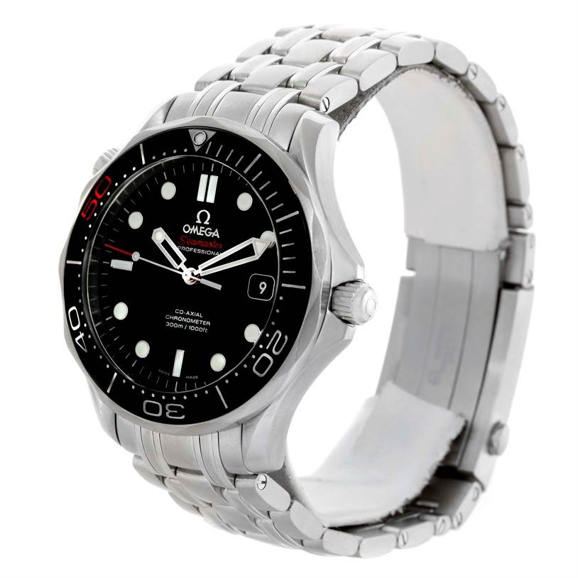 The image shows the Omega Seamaster 212.30.41.20.01.005 Men
s Stainless Steel Black Dial 212.30.41.20.01.005 Men
s Stainless Steel Black Dial watch from an angled front view, displaying the dial, bezel, crown, and bracelet.