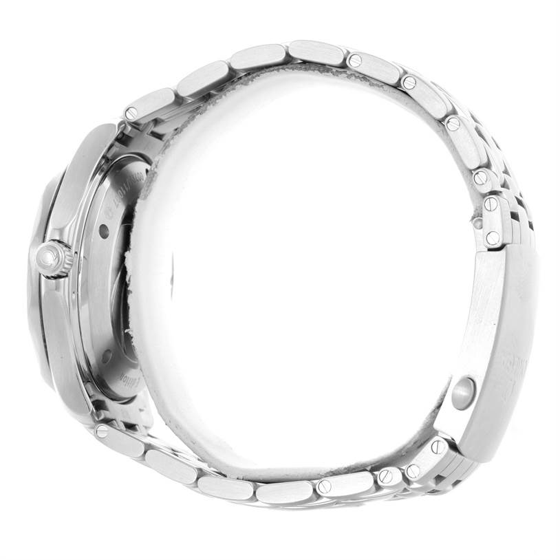 The image shows a side view of an Omega Seamaster 212.30.41.20.01.005 Men
s Stainless Steel Black Dial 212.30.41.20.01.005 Men
s Stainless Steel Black Dial watch, highlighting its bracelet and crown.