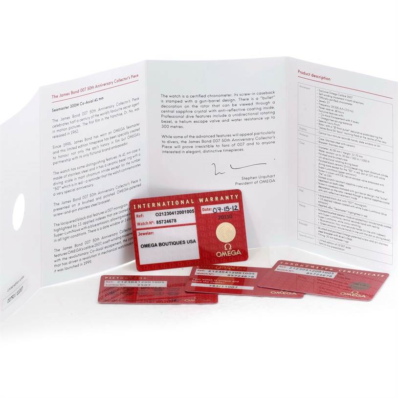 The image shows warranty cards and documentation for an Omega Seamaster 212.30.41.20.01.005 Men
s Stainless Steel Black Dial 212.30.41.20.01.005 Men
s Stainless Steel Black Dial 300M Co-Axial watch.