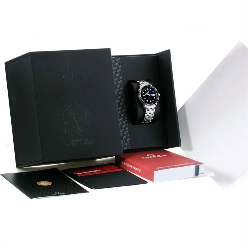 The Omega Seamaster 212.30.41.20.01.005 Men
s Stainless Steel Black Dial 212.30.41.20.01.005 Men
s Stainless Steel Black Dial watch is displayed in its box with booklets and a red card beside it.