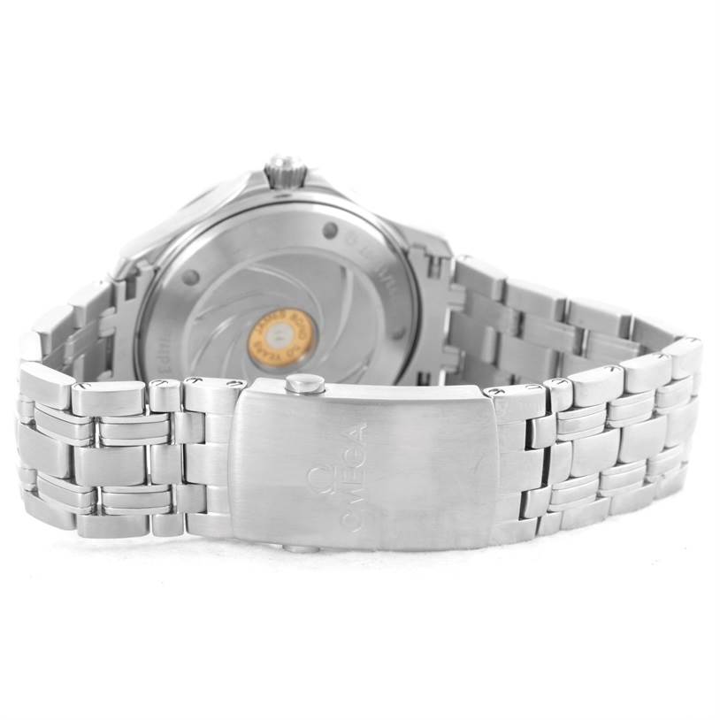 The image shows the back of an Omega Seamaster 212.30.41.20.01.005 Men
s Stainless Steel Black Dial 212.30.41.20.01.005 Men
s Stainless Steel Black Dial watch, highlighting the case back and stainless steel bracelet with the clasp.