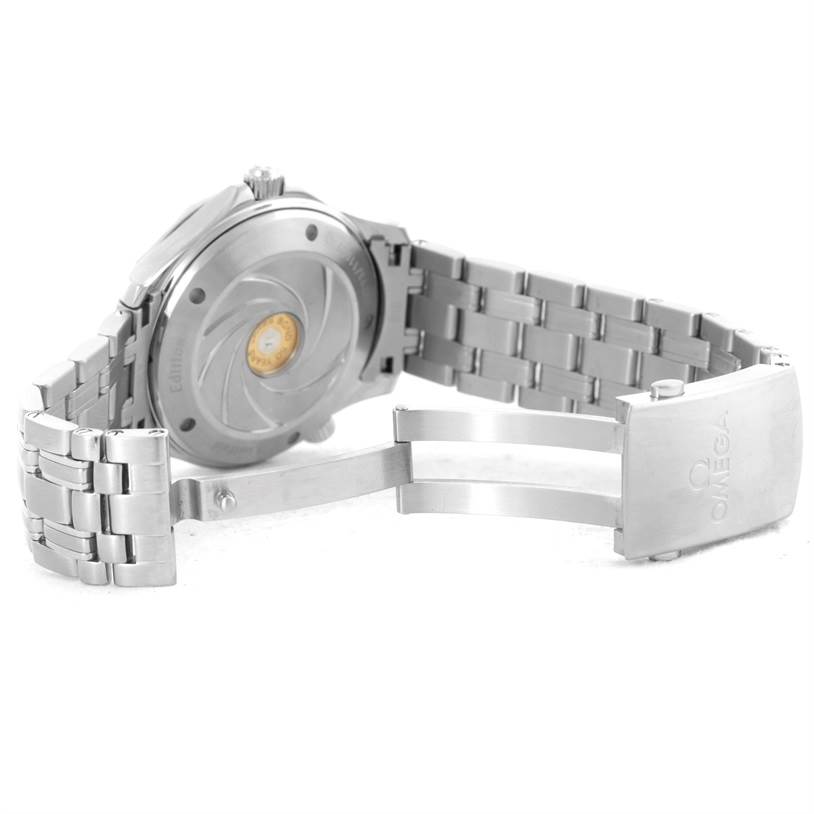 The image shows the backside and bracelet of an Omega Seamaster 212.30.41.20.01.005 Men
s Stainless Steel Black Dial 212.30.41.20.01.005 Men
s Stainless Steel Black Dial watch, with its clasp opened.