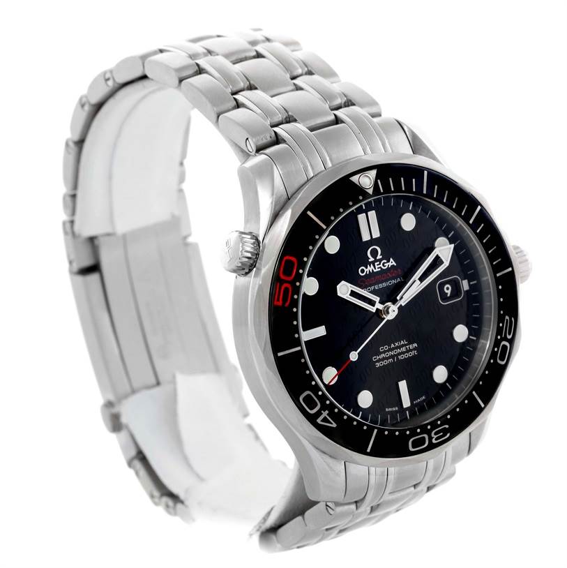 The Omega Seamaster 212.30.41.20.01.005 Men
s Stainless Steel Black Dial 212.30.41.20.01.005 Men
s Stainless Steel Black Dial watch is shown at a three-quarter angle, displaying the face, bezel, and stainless steel bracelet.