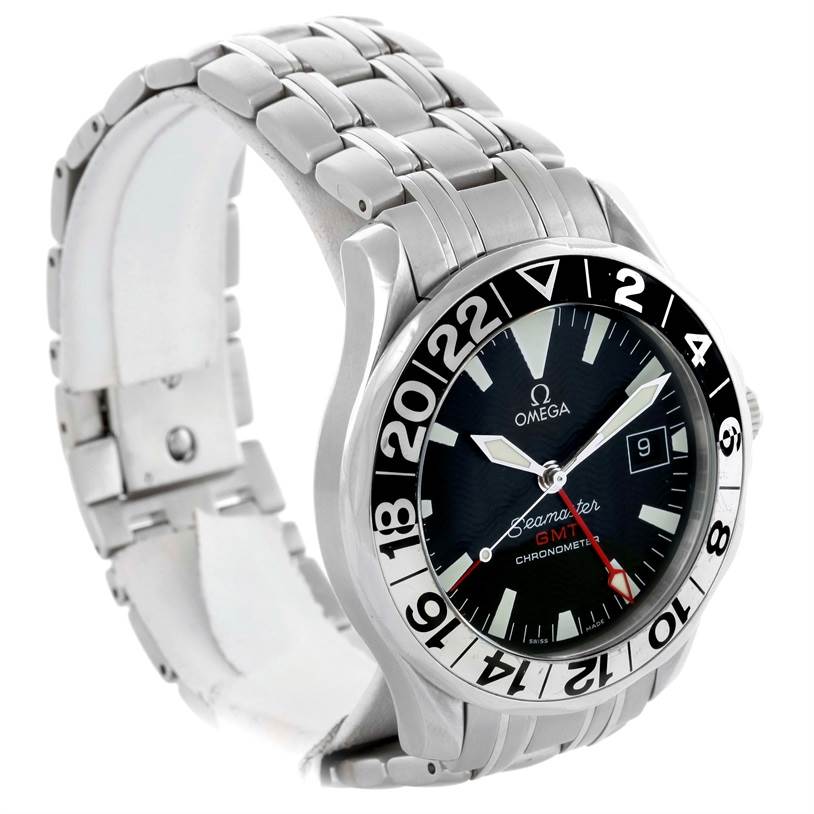 The image shows an Omega Seamaster 2534.50.00 Men
s Stainless Steel Black Dial 2534.50.00 Men
s Stainless Steel Black Dial GMT watch from a three-quarter angle, highlighting the bracelet, dial, and bezel.