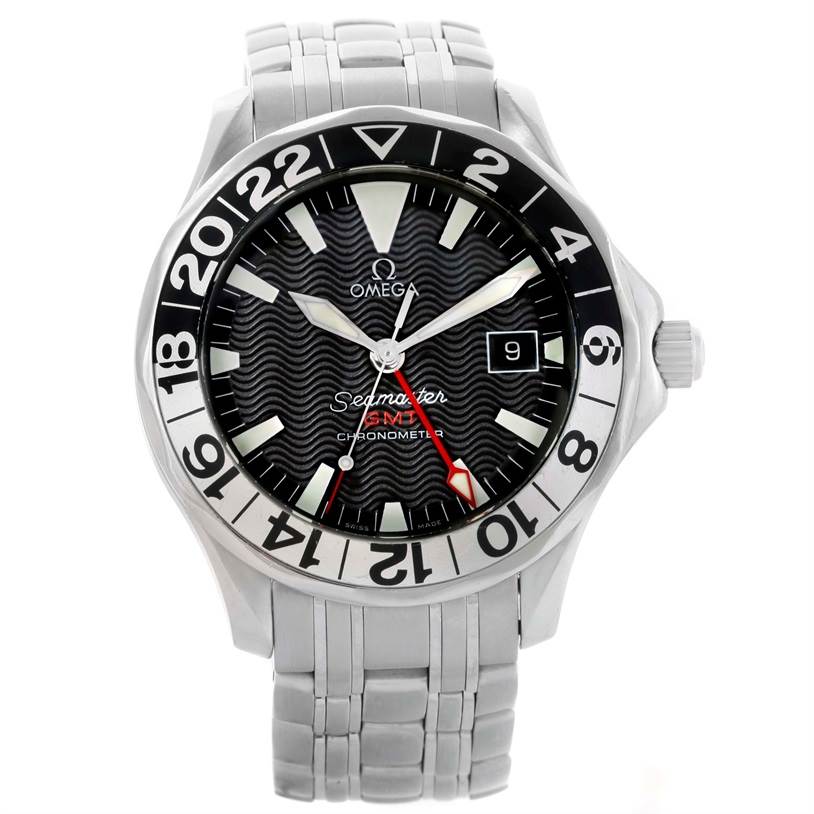 The image shows a front view of the Omega Seamaster 2534.50.00 Men
s Stainless Steel Black Dial 2534.50.00 Men
s Stainless Steel Black Dial watch, displaying its dial, bezel, and bracelet.