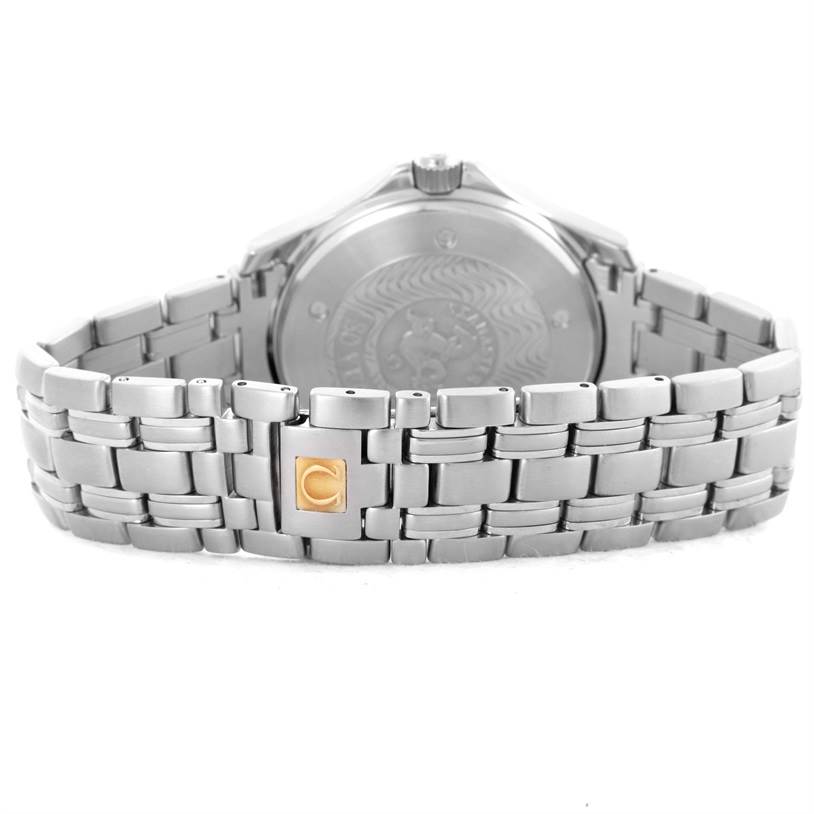 The image shows the back view of an Omega Seamaster 2534.50.00 Men
s Stainless Steel Black Dial 2534.50.00 Men
s Stainless Steel Black Dial watch, highlighting its stainless steel bracelet and engraved case back.